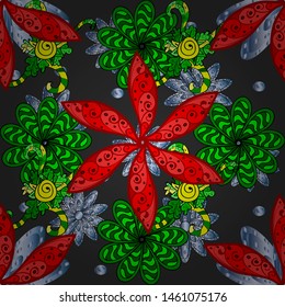 It can be used on mug prints, baby apparels, wallpaper, wrapping boxes etc. Vector. Elegant, bright and seamless green, red and gray flower pattern design.