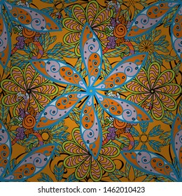 It can be used on mug prints, baby apparels, wallpaper, wrapping boxes etc. Elegant, bright and seamless yellow, orange and blue flower pattern design.