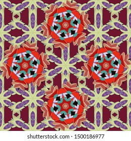It can be used on mug prints, baby apparels, wallpaper, wrapping boxes etc. Vector. Elegant, bright and seamless violet, beige and red flower pattern design.