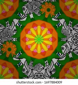 It can be used on mug prints, baby apparels, wallpaper, wrapping boxes etc. Vector sketch. Abstract doodles pattern. Seamless Cute fabric pattern. Pattern green, white and orange on colors. - stock.