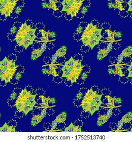 It can be used on mug prints, baby apparels, wallpaper, wrapping boxes etc. Elegant, bright and seamless green, blue and yellow flower pattern design. Vector.