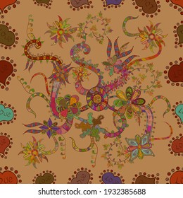 It can be used on mug prints, baby apparels, wallpaper, wrapping boxes etc. Vector sketch. - stock. Abstract doodles pattern. Pattern brown, beige and green on colors. Seamless Cute fabric pattern.