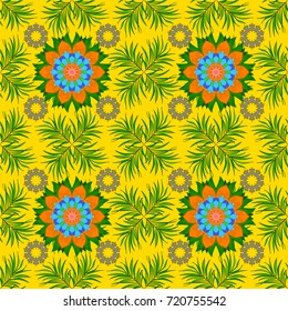 It can be used on mug prints, baby apparels, wallpaper, wrapping boxes etc. Elegant, bright and seamless yellow, green and orange flower pattern design.