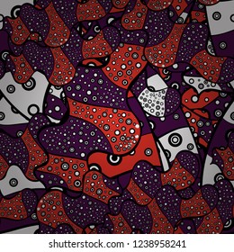 It can be used on wallpaper, wrapping boxes, mug prints, baby apparels etc. Vector illustration. Orange, black and purple on colors. Doodles pattern. Nice fabric pattern. Cute background.