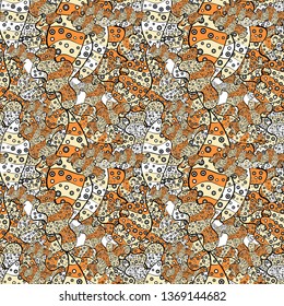 It can be used on wallpaper, wrapping boxes, mug prints, baby apparels etc. Black, orange and beige on colors. Cute background. Doodles pattern. Vector sketch. Seamless pattern Nice fabric pattern.