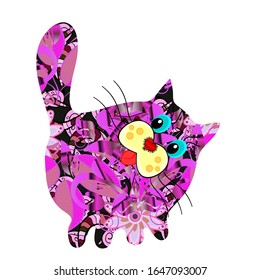 It can be used on wallpaper, mug prints, baby apparels, wrapping boxes etc. Vector - stock. Nice background. White, violet, pink on colors. Seamless Beautiful fabric pattern. Doodles cute cat pattern.