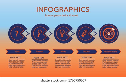 Se puede usar para banner de presentaciones, diseño de flujo de trabajo, diagrama de procesos, diagrama de flujo, gráfico de información. Etiqueta de infografía vectorial con iconos. Concepto de negocio con 5 opciones o pasos.