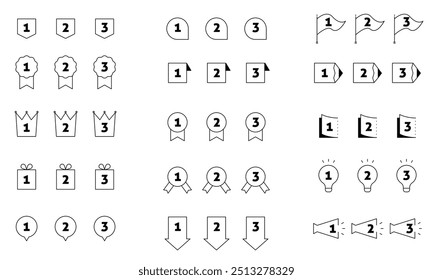 También se puede utilizar para clasificaciones! Conjunto de material de bonificación Pop: cintas, medallas, coronas. Iconos competitivos. Iconos del sistema de clasificación. Favorito, mejor calificación, símbolos de premio. Conjunto de ilustración de icono de medalla de clasificación