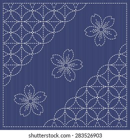 Can be used as seamless pattern. Japanese Embroidery Ornament with circles and blooming sakura flowers. Seamless pattern. Sashiko motif - blooming cherry flowers. Floral backdrop. Needlework texture.