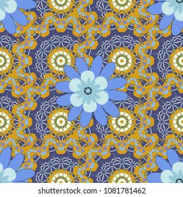 Can be used for textile, book cover, packaging, wedding invitation. Vector seamless pattern with stylized flowers. Beautiful floral background in green, blue and orange colors.
