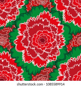 Can be used for textile, book cover, packaging, wedding invitation. Vector seamless pattern with stylized flowers. Beautiful floral background in white, red and green colors.