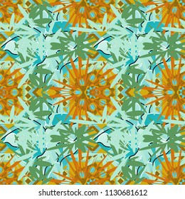 Can be used for textile, book cover, packaging, wedding invitation. Vector seamless pattern with stylized flowers. Beautiful floral background in green, orange and blue colors.