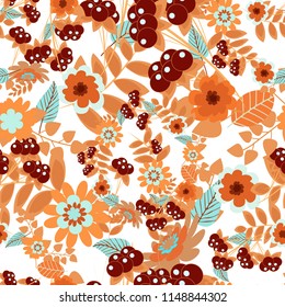 Can be used for textile, book cover, packaging, wedding invitation. Vector seamless pattern with stylized flowers. Beautiful floral background in orange, magenta and white colors.