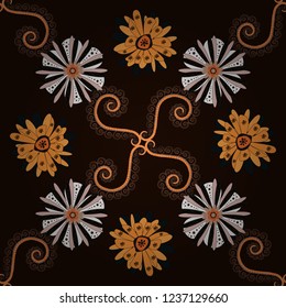 Can be used for textile, book cover, packaging, wedding invitation. Beautiful floral background in beige, black and orange colors. Vector seamless pattern with stylized flowers.