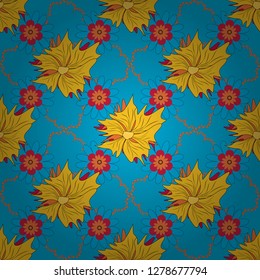 Can be used for textile, book cover, packaging, wedding invitation. Vector seamless pattern with stylized flowers. Beautiful floral background in blue, yellow and orange colors.