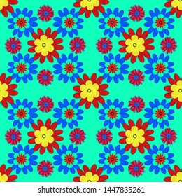 Can be used for textile, book cover, packaging, wedding invitation. Vector seamless pattern with stylized flowers. Beautiful floral background in red, green and blue colors.
