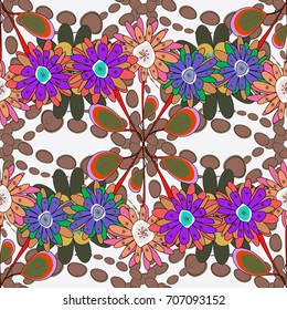 Can be used for textile, book cover, packaging, wedding invitation. Beautiful floral background in violet, brown and green colors. Vector seamless pattern with stylized flowers.
