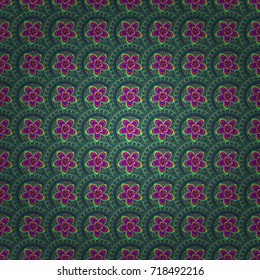 Can be used for textile, book cover, packaging, wedding invitation. Vector seamless pattern with stylized flowers. Beautiful floral background in green, purple and blue colors.