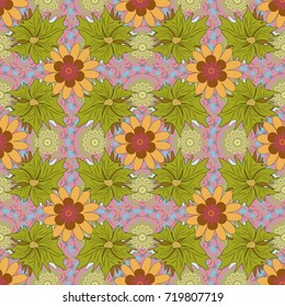 Can be used for textile, book cover, packaging, wedding invitation. Vector seamless pattern with stylized flowers. Beautiful floral background in brown, yellow and neutral colors.
