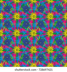 Can be used for textile, book cover, packaging, wedding invitation. Vector seamless pattern with stylized flowers. Beautiful floral background in magenta, blue and green colors.