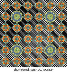 Can be used for textile, greeting card, coloring book, phone case print. Vector Henna tattoo style. Ethnic Mandala seamless pattern. Gray, black and blue Indian floral paisley medallion.