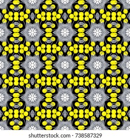 Can be used for textile, greeting card, coloring book, phone case print. Black, gray and yellow Indian floral paisley medallion. Vector Henna tattoo style. Ethnic Mandala seamless pattern.