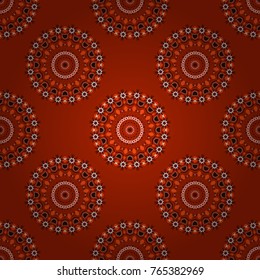 Can be used for textile, greeting card, coloring book, phone case print. Vector Henna tattoo style. Ethnic Mandala seamless pattern. Orange, red and brown Indian floral paisley medallion.
