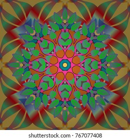 Can be used for textile, greeting card, coloring book, phone case print. Henna tattoo style on a green, yellow, orange colors. Vector ethnic Mandala ornament. Indian floral paisley medallion banners.