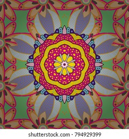 Can be used for textile, greeting card, phone case print. Vector ethnic Mandala ornament. Indian floral paisley medallion banners. Henna tattoo style on a yellow, magenta and orange colors.