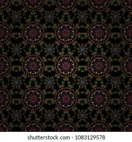 Can be used for textile, parer, scrapbooking, wrapping, web and print design. Vector Winter seamless pattern on a black Background with yellow, beige and pink Snowflakes and dots.