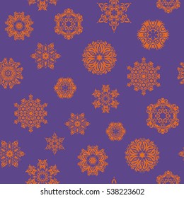 Can be used for textile, parer, scrapbooking, wrapping, web and print design. Vector Winter seamless pattern on a violet Background with Abstract Snowflakes and dots.