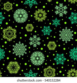 Can be used for textile, parer, scrapbooking, wrapping, web and print design. Vector Winter seamless pattern on a black Background with green Snowflakes and dots.