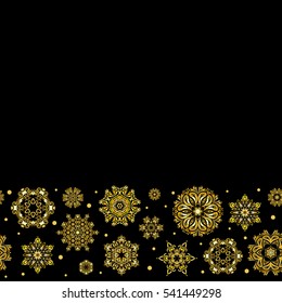 Can be used for textile, parer, scrapbooking, wrapping, web and print design. With place for your text. Vector Winter seamless pattern on a black Background with yellow Snowflakes and dots.