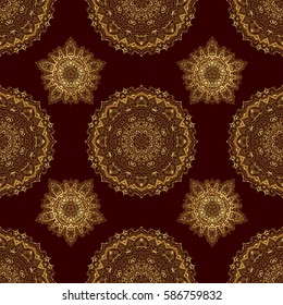 Can be used for wallpaper, banner, wrapping, wedding card. Abstract golden circle ornament on brown background. Islamic oriental seamless pattern. Muslim, East ornament, Indian ornament, Persian motif