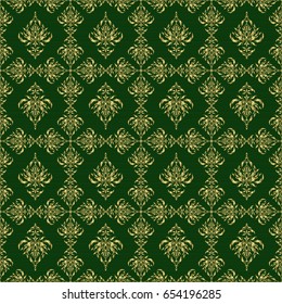 Can be used for wallpaper, banner, wrapping, wedding card. Muslim, East ornament, Indian ornament, Persian motif. Abstract golden circle ornament on green background. Islamic oriental seamless pattern
