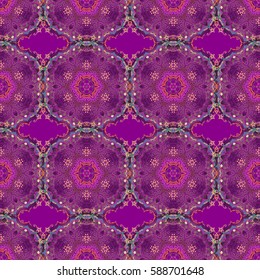 Can be used for wallpaper, flyer, wrapping, wedding card. Muslim, East ornament, Indian and Persian motif. Abstract multicolored circle ornament on purple background. Islamic oriental seamless pattern
