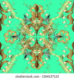 Can be used for wallpaper, web page. Vector ornate zentangle seamless texture, pattern with abstract floral mandalas on green, yellow and brown colors. Summer seamless pattern with stylized flowers.