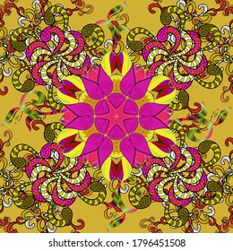 Can be used for wallpaper, web page. Summer seamless pattern with stylized flowers. Vector ornate zentangle seamless texture, pattern with abstract floral mandalas on yellow, magenta, black colors.