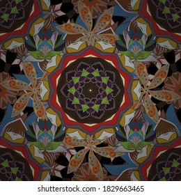 Can be used for wallpaper, web page. Vector ornate zentangle seamless texture, pattern with abstract floral mandalas on brown, beige and gray colors. Summer seamless pattern with stylized flowers.