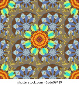 Can be used for wallpaper, web page. Summer seamless pattern with stylized flowers. Vector ornate zentangle seamless texture, pattern with abstract floral mandalas on colorful background.