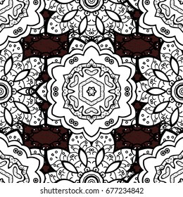 Can be used for wallpaper, web page. Summer seamless pattern with stylized flowers. Vector ornate zentangle seamless texture, pattern with abstract floral mandalas on brown background. Brown.