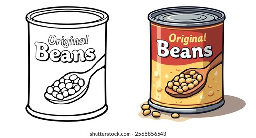 Can of Beans Black and White Line Art Vector Illustration with Coloring Sample. Food and Snacks Coloring Pages for Adults and Kids.