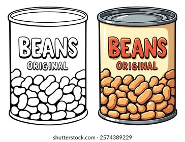 A Can of Beans Line Art Vector Illustration Black and White with Coloring Sample. Bold and Easy Food, Fruits, Sweets, Drinks, Dessert, and Snacks Coloring Pages for Adults and Kids.