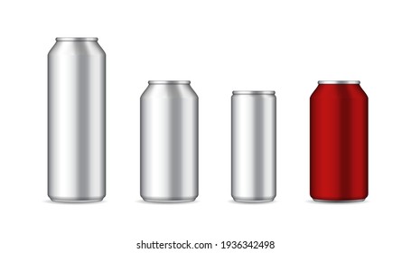 Can of beer. Aluminium bottle for drink. Mockup of can bottle for soda or cola. Silver and red aluminum box for water, energy drink. Blank 3d mock up for cold juice. Realistic container. Vector. svg