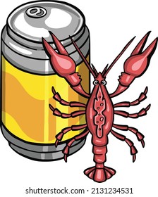 Can of beer with crayfish vector illustration