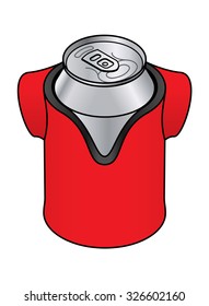 A can of beer in a jersey-shaped insulated stubbie holder. 