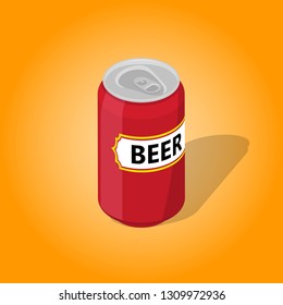 Can of beer with a shadow on the isolated yellow background.3D. Isometric icon. Low alcohol drink. An element for design. Vector illustration.