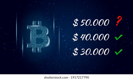 Can Bitcoin BTC hit 50000 dollars polygonal cryptocurrency token symbol and question mark next to the price, coin icon on dark background. Vector illustration for news.