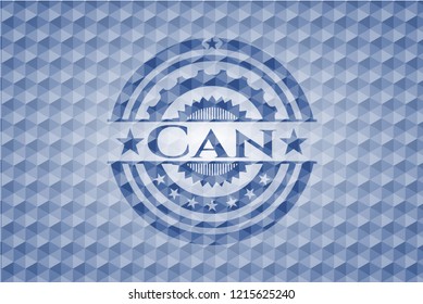 Can blue emblem or badge with geometric pattern background.