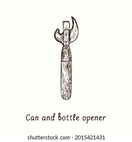 Can and bottle opener. Ink black and white doodle drawing in woodcut style.